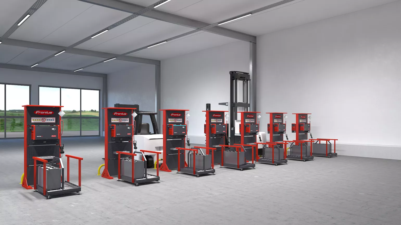 Ladestation Durch die normkonforme Einrichtung und Ausstattung der Ladestation können Sie sicherheitstechnische Risiken auf ein Minimum reduzieren. Die zentrale Platzierung aller Batterien und der Einsatz des Cool Battery Guide Easy ermöglicht eine optimale Auslastung ihres Batteriepools.