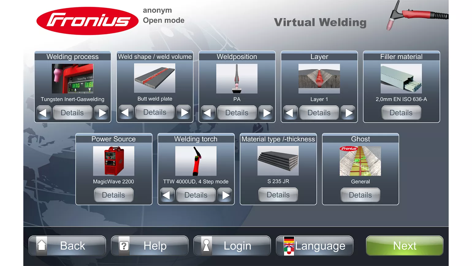Menüführung Virtual Welding 